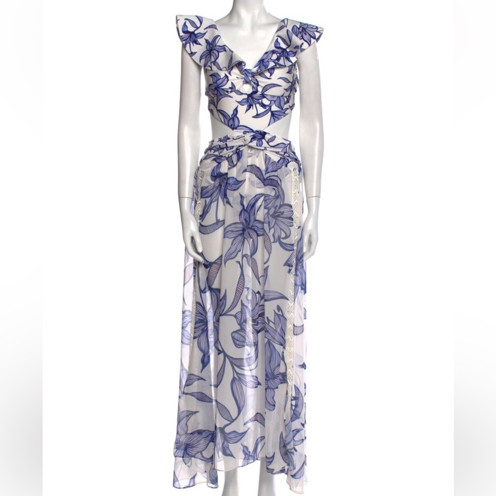 PatBO White Maxi Dress with Blue Floral Print